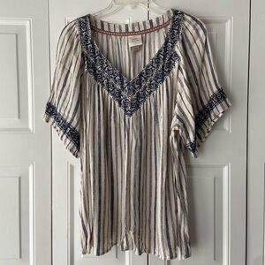 Knox Rose, Striped blouse with Embroidered neckline and sleeves, Size XXL